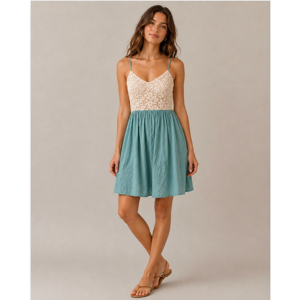 Anthropologieโ Comme Toi Crochet Lace Mini Dress L Teal Blue Coastal Romantic